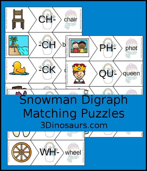 Free Snowman Digraph Matching Puzzles - 3 pieces puzzles with 11 puzzles for kids to work on digraphs with beginning and ending digraphs - 3Dinosaurs.com