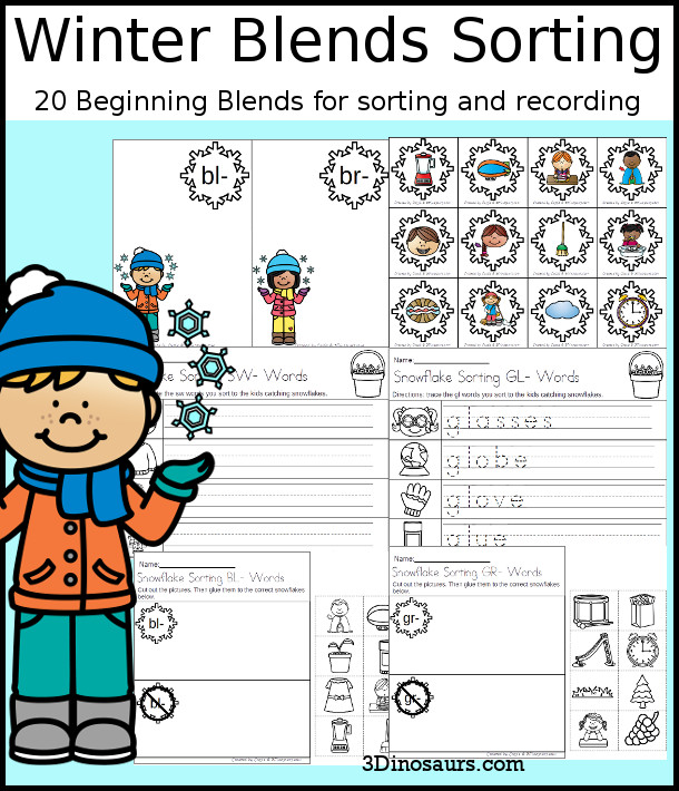 Winter Blends Sorting Activity - with sorting of 4 snowflakes, matching recording sheets with writing or tracing, and cut and paste activity  - 3Dinosaurs.com