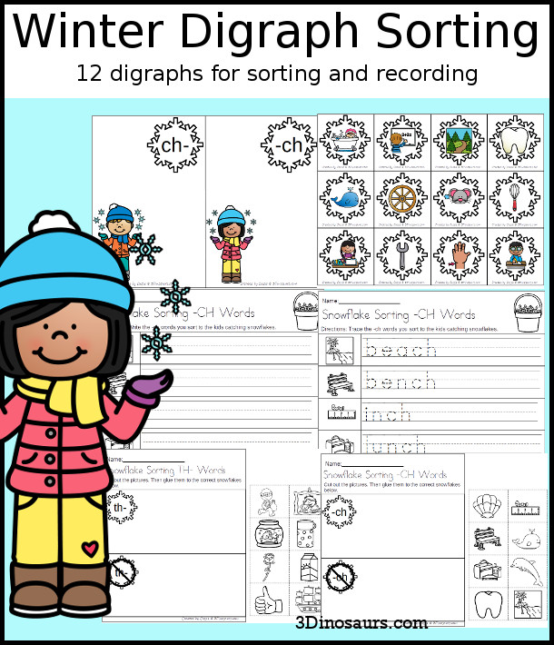 Winter Digraph Sorting Set - a mix of hands-on and no-prep activities for working on digraphs. It has 12 digraphs for kids to learn. - 3Dinosaurs.com