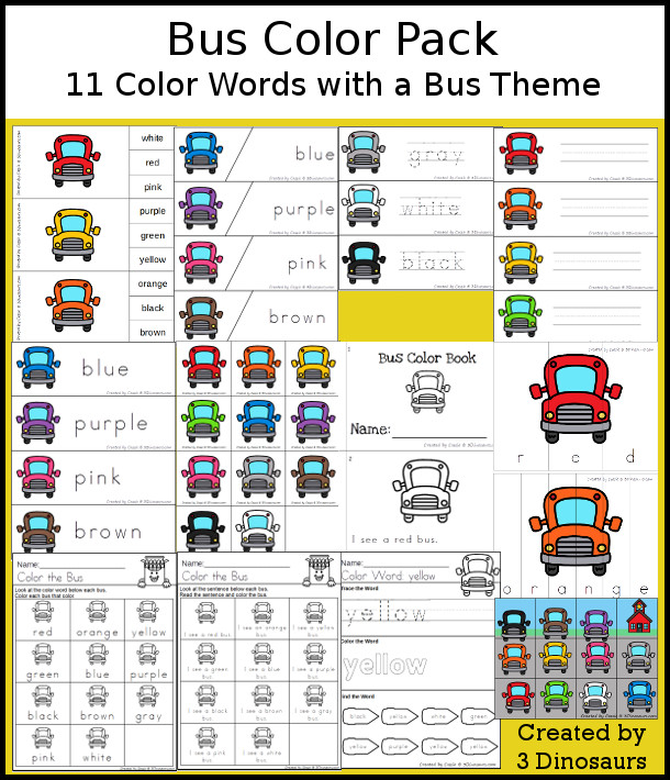 Bus Color Pack - with 65 pages of printables with color easy reader book, color clip cards, color tracing strips, color writing strips, color pocket chart cards, color word writing, color word puzzles, and more all to work on learning color words. This is a great Bus theme - 3Dinosaurs.com