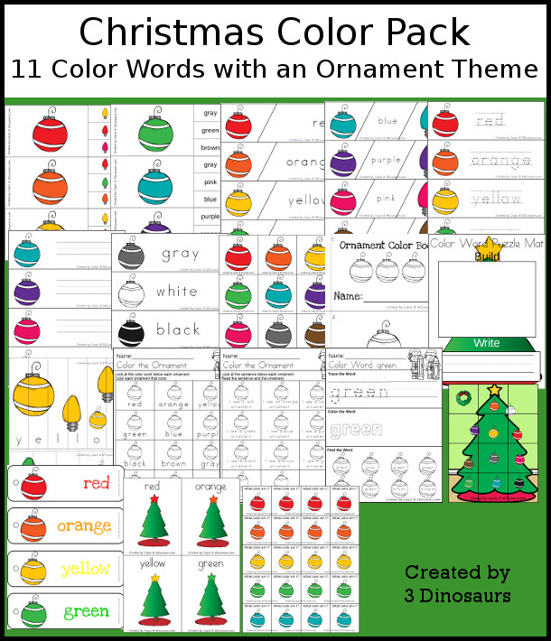Christmas Ornament Color Pack - with 78 pages of printables with color easy reader book, color clip cards, color tracing strips, color writing strips, color pocket chart cards, color word writing, color word puzzles, and more all to work on learning color words. This is a great Christmas Ornament theme - 3Dinosaurs.com