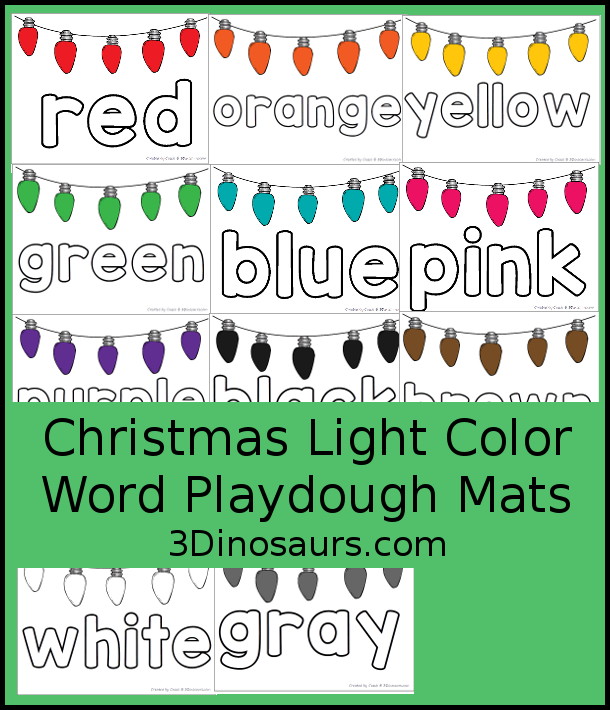 Christmas Lights Color Word  Playdough mats- 11 color words for kids to learn with Christmas lights at the top that match the color words. A fun way to work on color words during the Winter Holidays.  - 3Dinosaurs.com