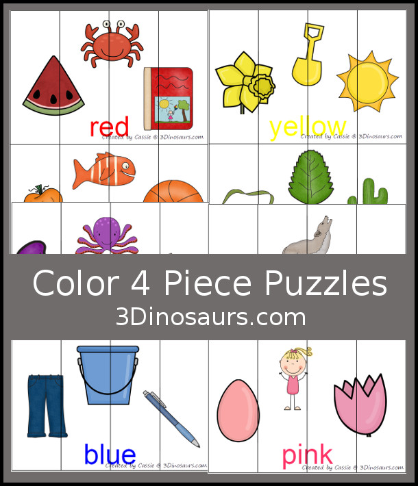 Free Color Four Piece Puzzle Printables - with three pictures of each color on each puzzle and the color word. A great matching activity for colors that is great for prek and kindergarten. - 3Dinosaurs.com
