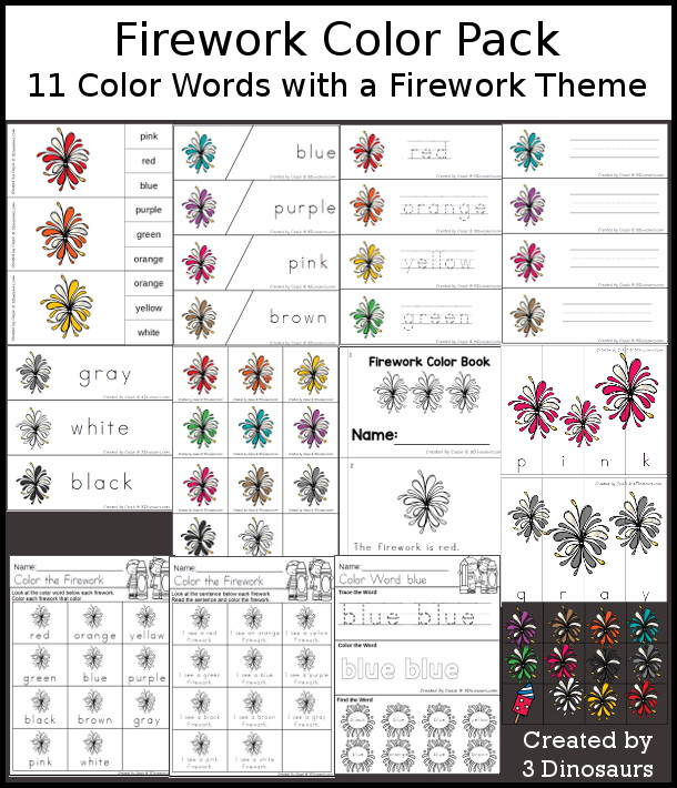Firework Color Pack - with 65 pages of printables with color easy reader book, color clip cards, color tracing strips, color writing strips, color pocket chart cards, color word writing, color word puzzles, and more all to work on learning color words. This is a great Firework theme - 3Dinosaurs.com