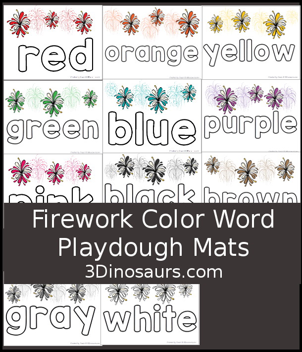 Firework Color Word  Playdough mats- 11 color words for kids to learn with fireworks at the top that match the color words. A fun way to work on color words during holidays that use fireworks.  - 3Dinosaurs.com