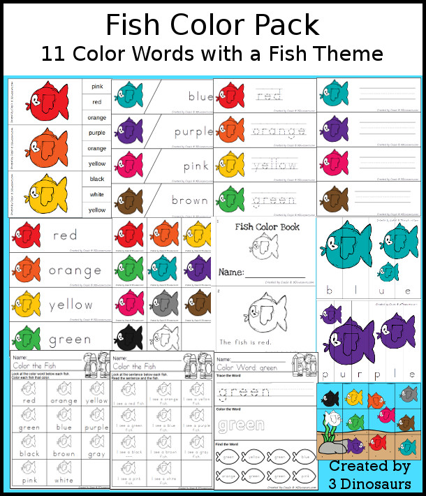 Fish Color Pack - with 61 pages of printables with color easy reader book, color clip cards, color tracing strips, color writing strips, color pocket chart cards, color word writing, color word puzzles, and more all to work on learning color words - 3Dinosaurs.com