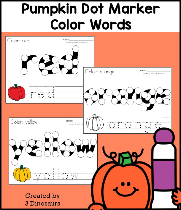 Pumpkin Dot Marker Color Word Printable has  the dot marker word a pumpkin to color- 3Dinosaurs.com