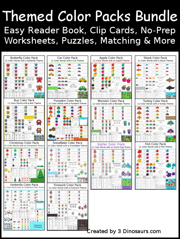 Theme Color Packs Bundle - with 65 pages for each color pack with color easy reader book, color clip cards, color tracing strips, color writing strips, color pocket chart cards, color word writing, color word puzzles, and more all to work on learning color words.  3Dinosaurs.com