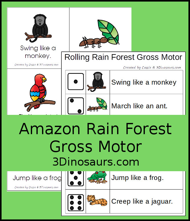 Free Amazon Rain Forest Theme Gross Motor With Afternoon in the Amazon - with 6 fun animal movements. The animals all come from the book and go great with the Magic Tree House book - 3Dinosaurs.com #magictreehouse #grossmotor #freeprintable 
