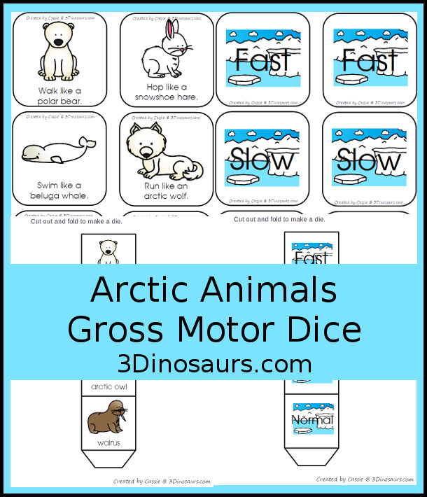 Free Arctic Animals Gross Motor Dice - 2 sets of dice for kids to get moving and with arctic animals - 3Dinosaurs.com