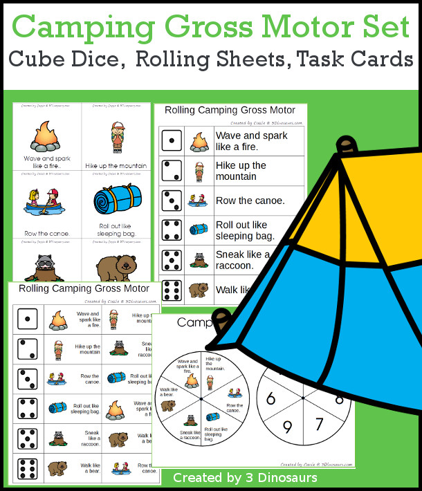 Camping Gross Motor Dice - with dice, rolling dice sheets, and gross motor cards so you can do fun summerthemed movements. These are perfect for brain breaks, screen breaks, and mini gross motor centers - 3Dinosaurs.com