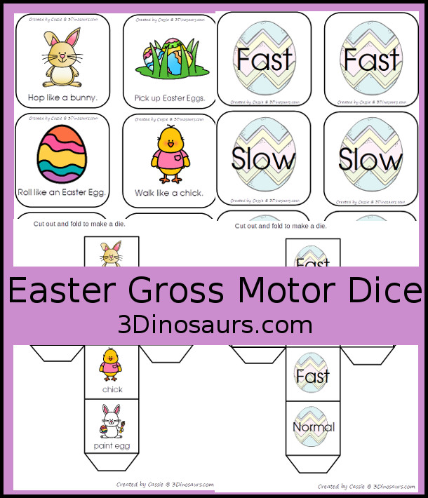 Free Easter Gross Motor Dice - a fun dice set with 6 gross motor movements and a speed dice all with an Easter theme - 3Dinosaurs.com
