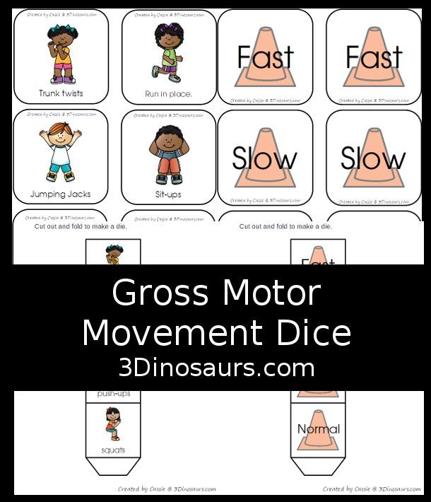 Free Gross Motor Movement Dice Printable - It has 6 gross motor movements to do with kids. And these can be loads of fun with a speed dice. - 3Dinosaurs.com