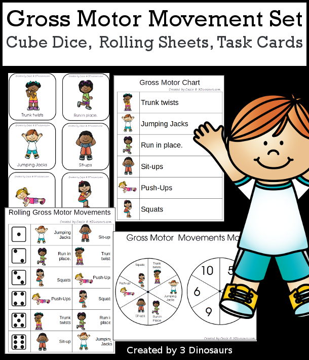 Gross Motor Movement Set - with dice, rolling dice sheets, and gross motor cards so you can do fun gross motor movements. These are perfect for brain breaks, screen breaks, and mini gross motor centers - 3Dinosaurs.com