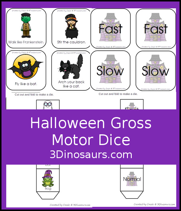 Free Halloween Themed Gross Motor Dice - with two dice for movements and speed. They have Halloween themes to have fun moving with - 3Dinosaurs.com #halloween #grossmotor #freeprintable 