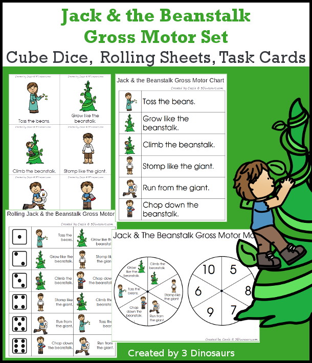 Jack & the Beanstalk Gross Motor Dice - with dice, rolling dice sheets, and gross motor cards so you can do fun Jack & the Beanstalk themed movements. These are perfect for brain breaks, screen breaks, and mini gross motor centers - 3Dinosaurs.com