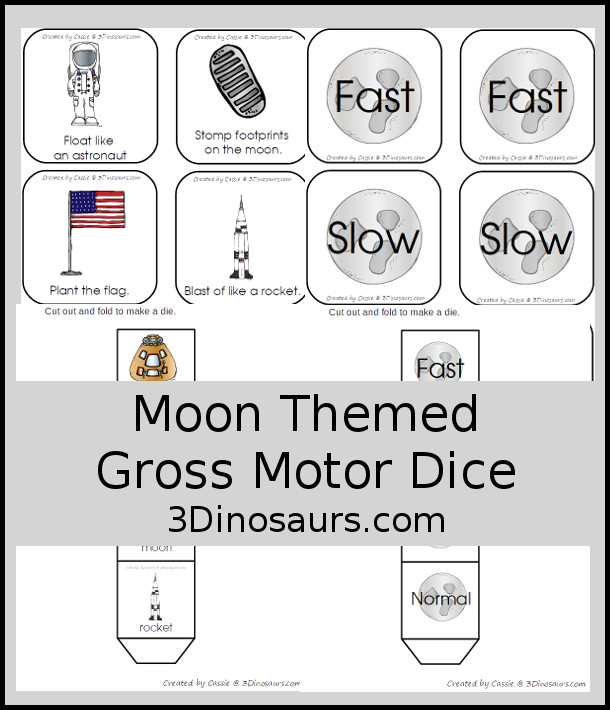 Free Moon Themed Gross Motor Dice - 6 action movements included with dice and dice inserts - 3Dinosaurs.com #space #themoon #grossmotor #freeprintable