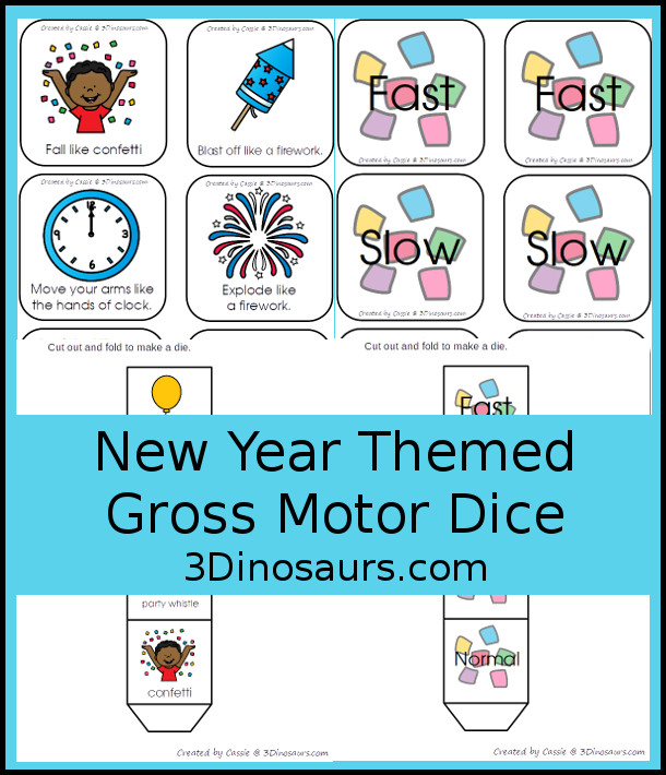 Free New Year Gross Motor Dice - 2 sets of dice for kids to get moving and with New Year Themes - 3Dinosaurs.com