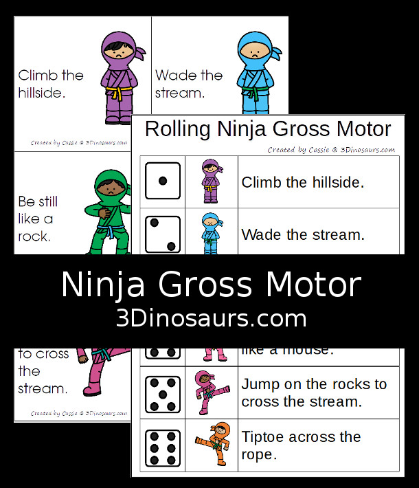 Free Ninja Themed Gross Motor Cards - 6 fun movements and a roll and gross motor activity to go with the book Night at the Ninja - 3Dinosaurs.com #magictreehouse #grossmotor #freeprintable 