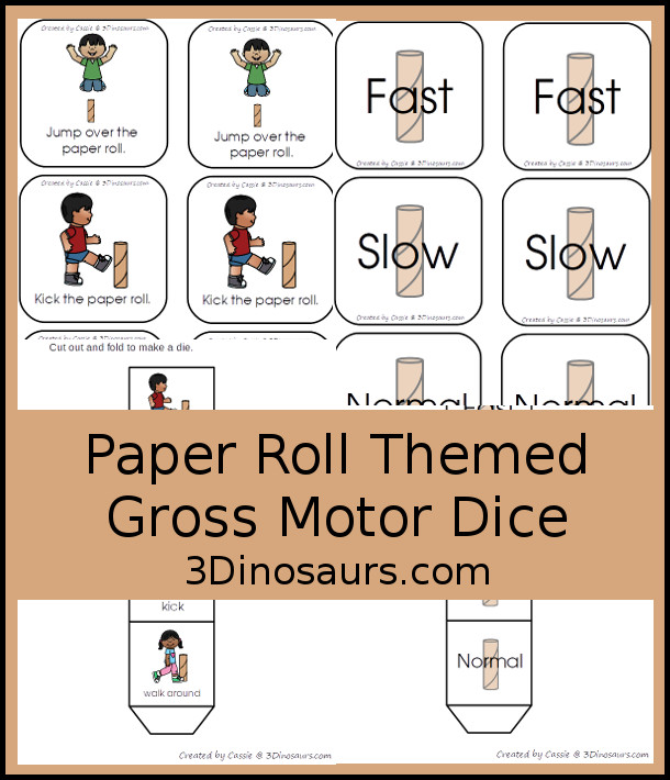 Free Paper Roll Themed Gross Motor Dice -  3 action movements included with dice and dice inserts - 3Dinosaurs.com #earthday #grossmotor #freeprintable 