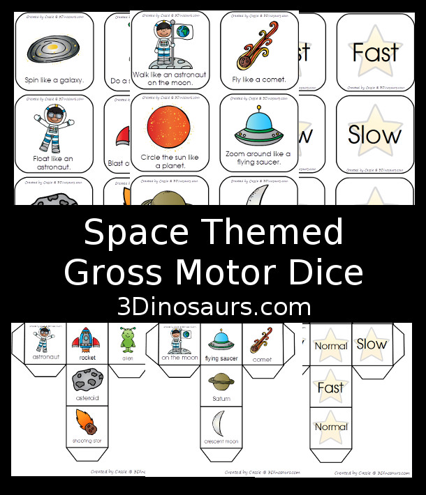 Free Space Themed Gross Motor Dice - 2 sets of dice for kids to get moving and with space themes - 3Dinosaurs.com