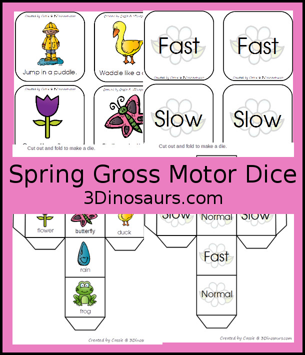 Free Spring Themed Gross Motor Dice - movement and speed dice for kids to have fun with - 3Dinosaurs.com