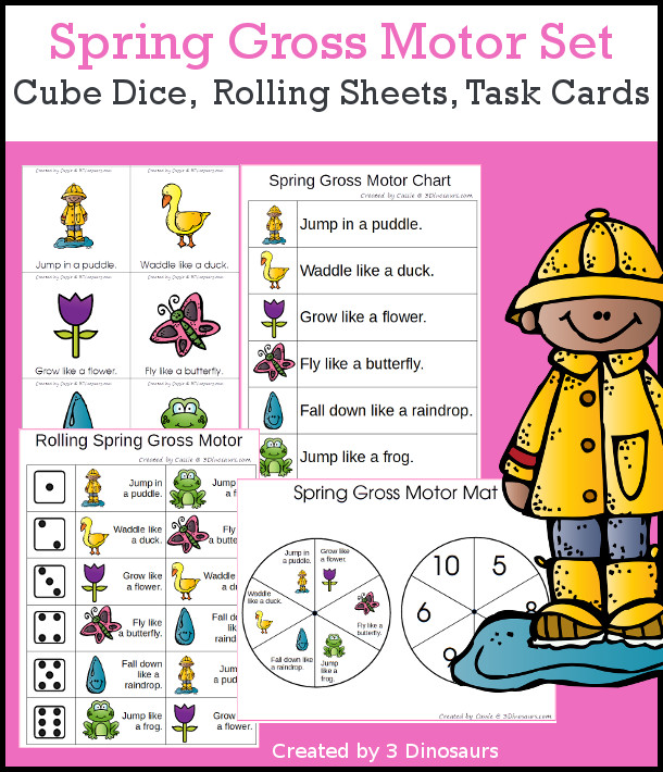 Spring Gross Motor Dice - with dice, rolling dice sheets, and gross motor cards so you can do fun spring themed movements. These are perfect for brain breaks, screen breaks, and mini gross motor centers - 3Dinosaurs.com