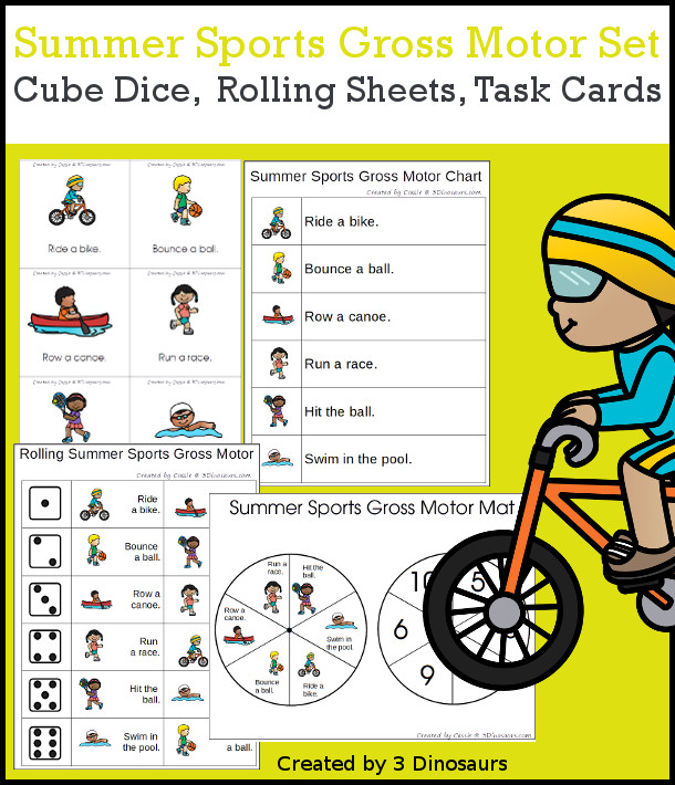 Summer Sports Gross Motor Dice - with dice, rolling dice sheets, and gross motor cards so you can do fun summer themed movements. These are perfect for brain breaks, screen breaks, and mini gross motor centers - 3Dinosaurs.com