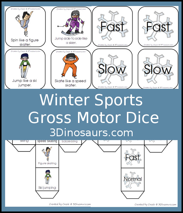 Free Winter Sports Gross Motor Dice - 6 movements and speed dice for kids to have fun with - 3Dinosaurs.com #wintersports #freeprintable 