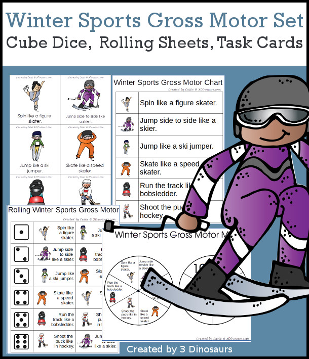 Winter Sports Gross Motor Dice - with dice, rolling dice sheets, and gross motor cards so you can do fun winter themed movements. These are perfect for brain breaks, screen breaks, and mini gross motor centers - 3Dinosaurs.com