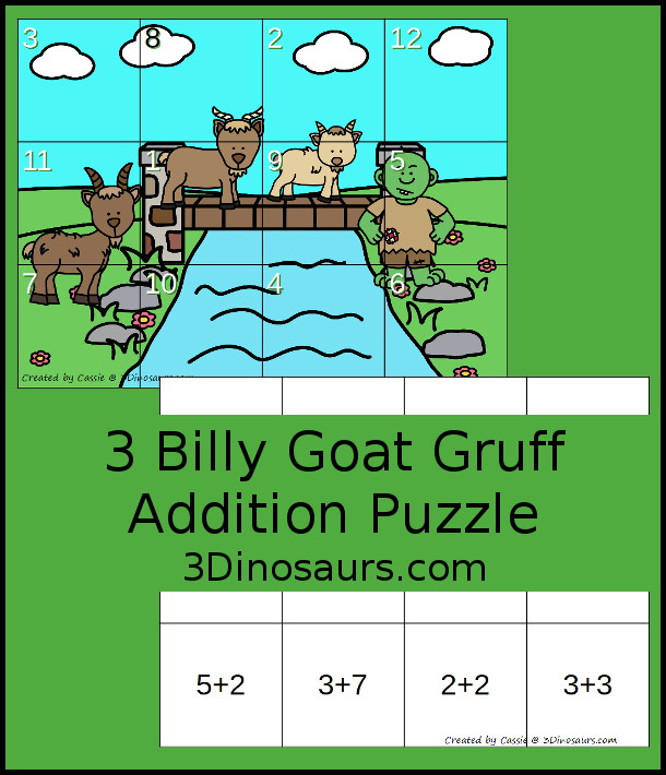 Free Three Billy Goats Gruff Themed Addition Puzzle - with addition from 1 to 12 with a hands-on matching puzzles with the Billy Goats, the bridge and the troll. - 3Dinosaurs.com #3dinosaurs #handsonmath #freeprintable #addtion #firstgrade #kindergarten
