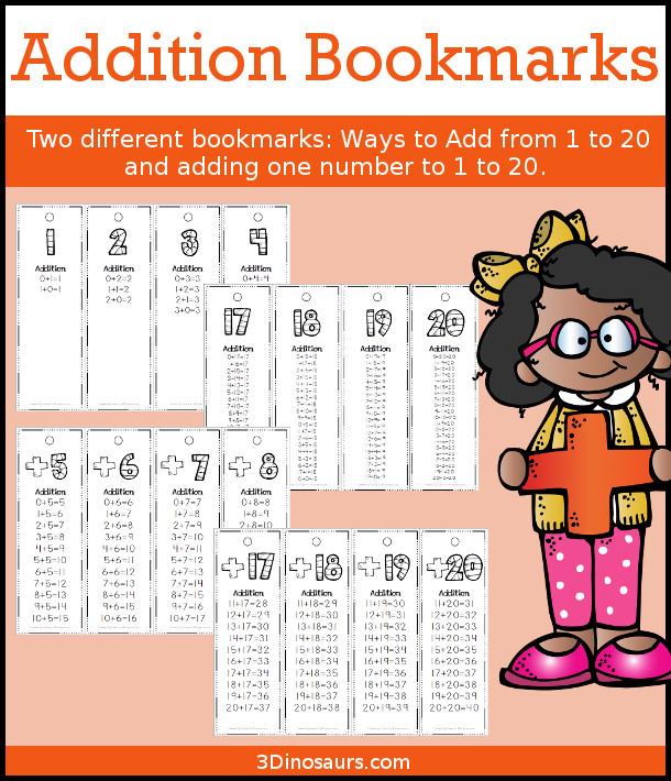 Free Addition Bookmarks - Numbers 1 to 20 - 3Dinosaurs.com