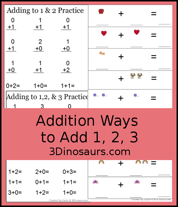 Free Addition: Ways to Add 1, 2, 3 - fun math printables that work on learning to add up to a number and the set starts with adding to 1, 2 and 3 - 3Dinosaurs.com