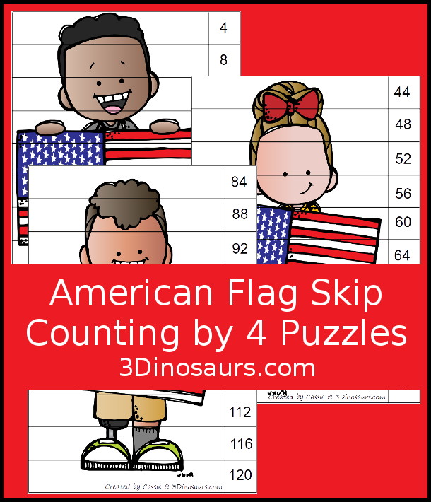 Free American Flag Skip Counting by 4 Puzzle Printables - 3Dinosaurs.com
