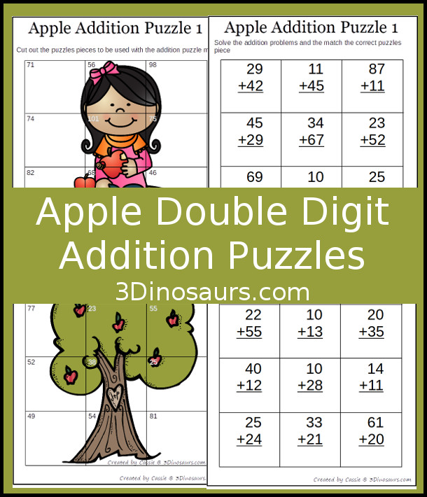 Free Apple Themed Double Digit Addition Puzzles - fun way to make math a hands-on activity - 3Dinosaurs.com