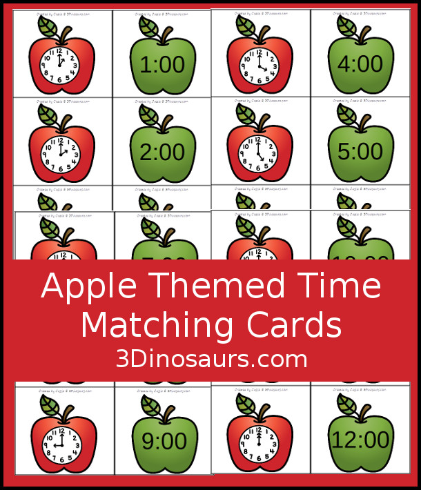 Free Apple Time Matching Cards - 2 matching cards for hourly time from 1 to 12 -  3Dinosaurs.com #tellingtime #mathforkids #kindergarten #firstgrade #freeprintable 