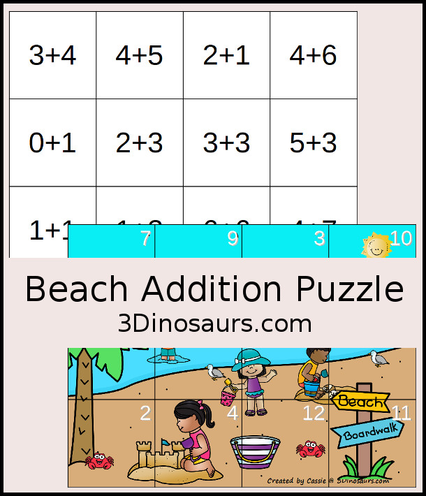 Free Beach Themed Addition Puzzle - with addition from 1 to 12 with a hands-on matching puzzles with a beach scene. - 3Dinosaurs.com #3dinosaurs #handsonmath #freeprintable #addtion #firstgrade #kindergarten