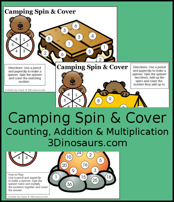 Free Camping Spin & Cover: Counting, Addition & Multiplication - three fun worksheets to work on counting and numbers 1 to 6, adding from 1 to 6 and multiplication 1 to 6 - 3Dinosaurs.com #3dinosaurs