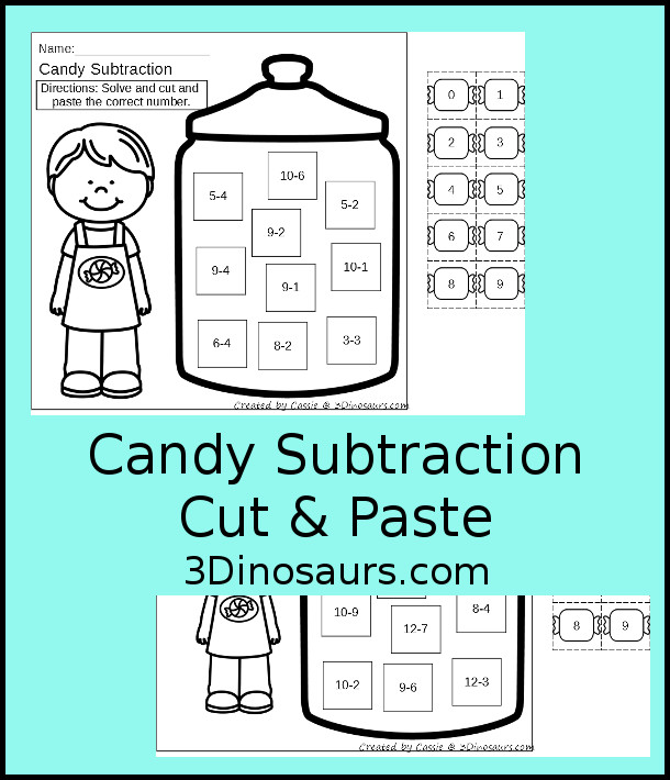 Free Candy Subtraction Cut & Paste Worksheet - 2 cut and paste worksheets for kids to work on subtraction from 1 to 10 and subtraction from 1-15 with 10 equations each - 3Dinosaurs.com