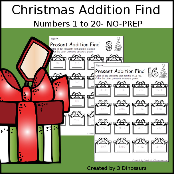 Christmas Addition Number Find  - with addition from 1 to 20 with solve and color the number - 3Dinosaurs.com