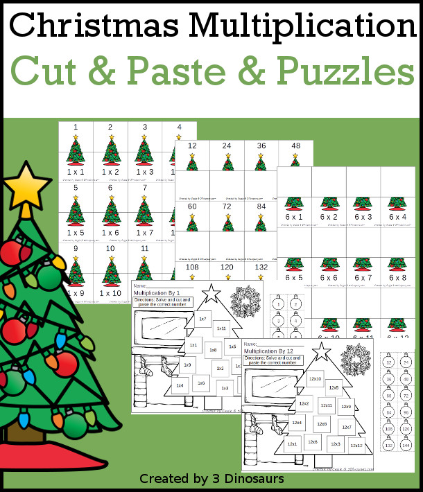 Christmas Multiplication Cut & Paste and Matching with cut and paste worksheets for multiplication with numbers 1 to 12 and puzzles and matching mats  - 3Dinosaurs.com