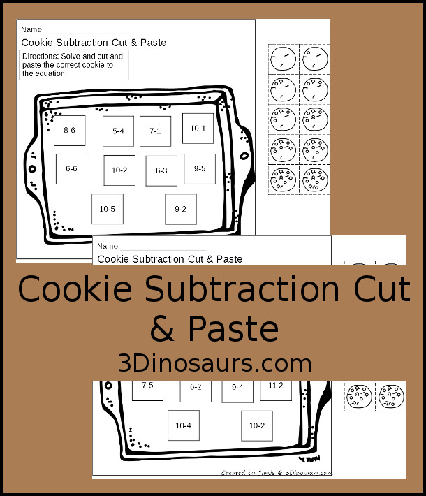 Free Cookie Subtraction Cut & Paste Worksheet - two fun worksheets that work on subtraction and matching cookies with chocolate chips for the answers. It is a fun change to subtraction worksheets for kids. - 3Dinosaurs.com
