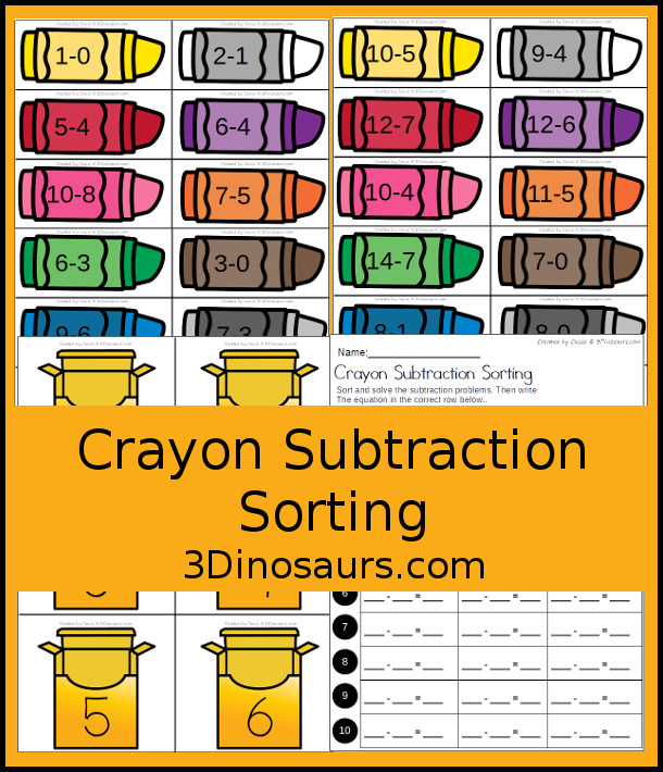 Free Crayon Subtraction Sorting - with crayon boxes and crayons to sort with subtraction problems. It also includes a recording sheet - 3Dinosaurs.com