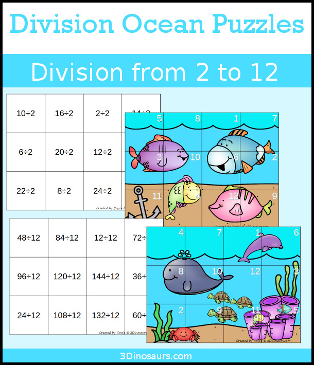 Hands-On Learning with Ocean Themed Division Puzzles - You can work on division from 2 to 12 with 11 fun learning puzzles-  3Dinosaurs.com
