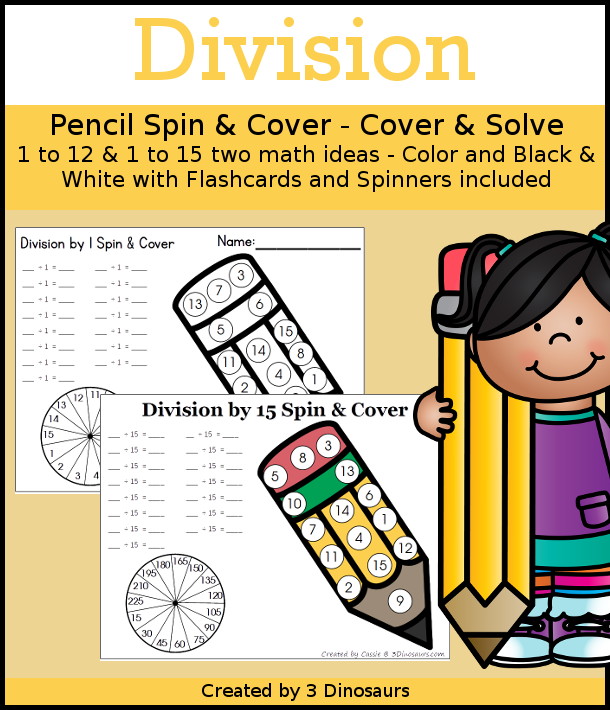 Pencil Division Spin & Cover  has Division 1 to 12 and 1 to 15 with two options of equations for each set.- 3Dinosaurs.com