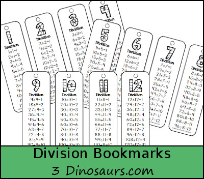Free Division Bookmarks - Numbers 1 through 12 - 3Dinosaurs.com