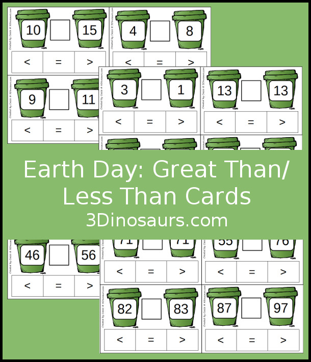 Free Earth Day Clip Cards for Comparing Numbers - greater than and less than with 5 pages of cards - 3Dinosaurs.com