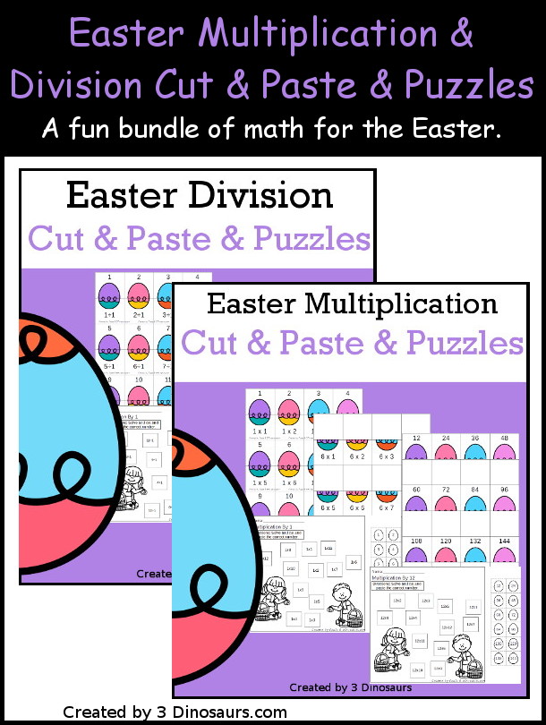 Easter Egg Multiplication & Division Cut & Paste and Matching with cut and paste worksheets for division and multiplication with numbers 1 to 12 and match puzzles and matching mats for division and multiplication - 3Dinosaurs.com