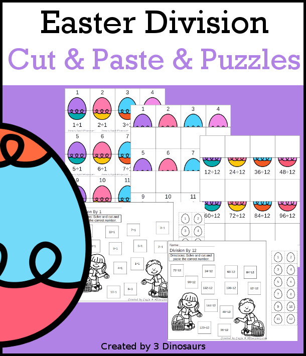 Easter Egg Division Cut & Paste and Matching with cut and paste worksheets for division with numbers 1 to 12 and puzzles and matching mats - 3Dinosaurs.com