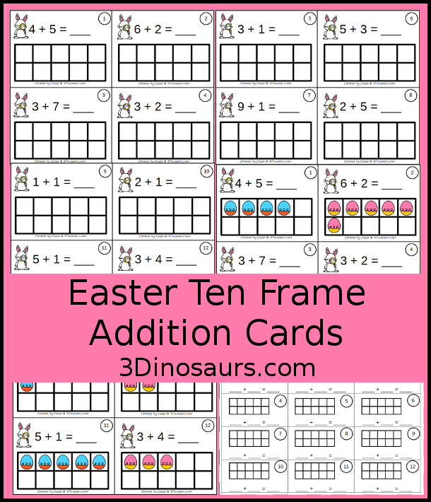 Free Easter Egg Ten Frame Addition Cards - with two addition ten frame cards and a recording sheet to use with kids - 3Dinosaurs.com